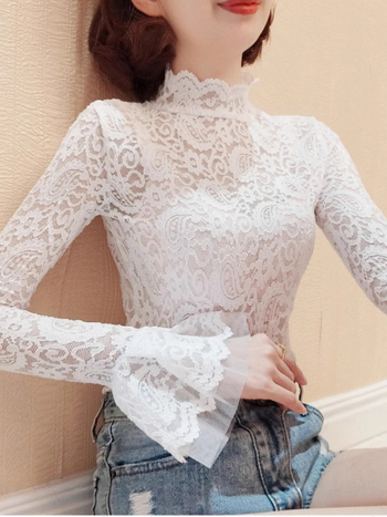 Čipkové sieťové top s dlhými rukávmi a nafúknutými rukávmi, polovičný golier, kvetinový vzor, úzky strih, 95% nylon