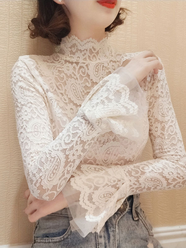 Čipkové sieťové top s dlhými rukávmi a nafúknutými rukávmi, polovičný golier, kvetinový vzor, úzky strih, 95% nylon