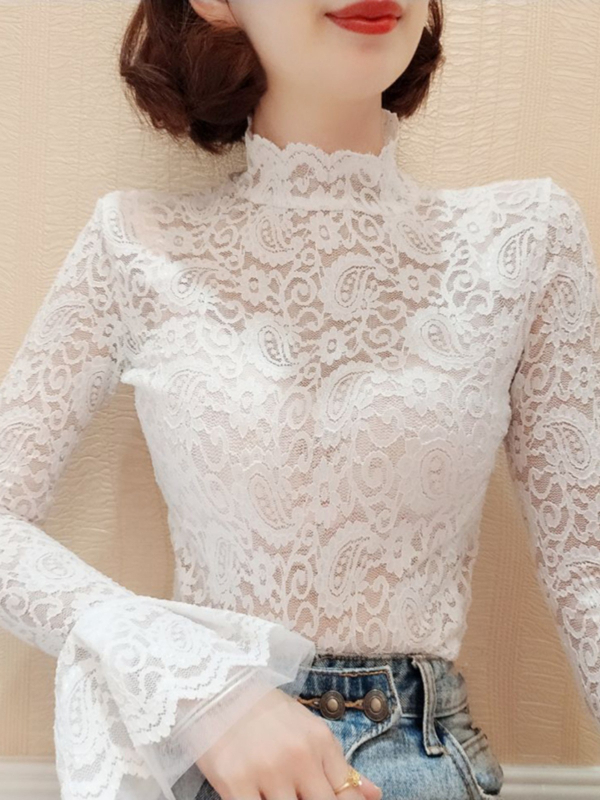 Čipkové sieťové top s dlhými rukávmi a nafúknutými rukávmi, polovičný golier, kvetinový vzor, úzky strih, 95% nylon