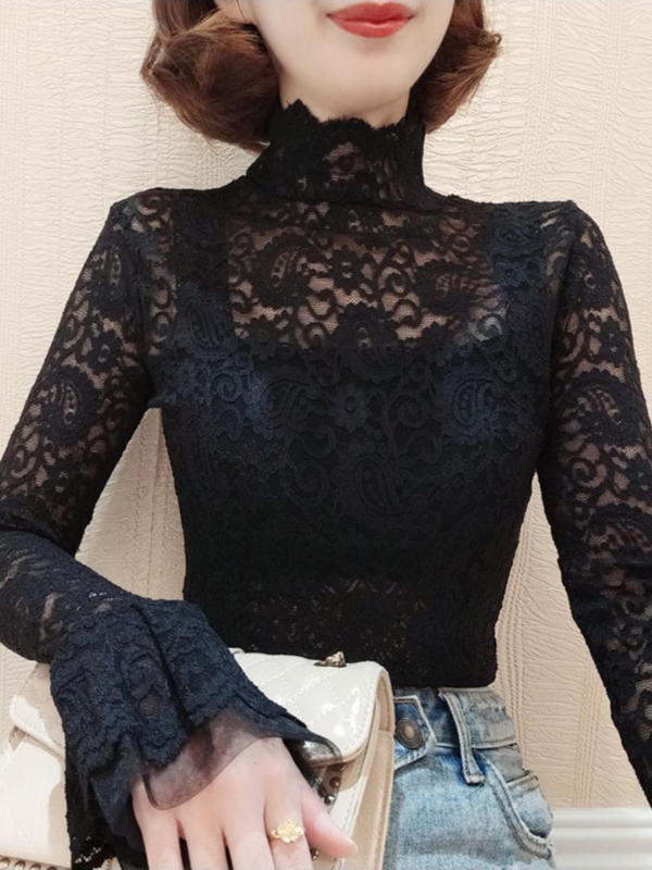 Čipkové sieťové top s dlhými rukávmi a nafúknutými rukávmi, polovičný golier, kvetinový vzor, úzky strih, 95% nylon