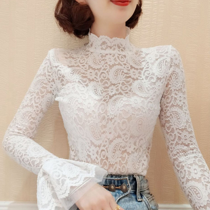 Čipkové sieťové top s dlhými rukávmi a nafúknutými rukávmi, polovičný golier, kvetinový vzor, úzky strih, 95% nylon