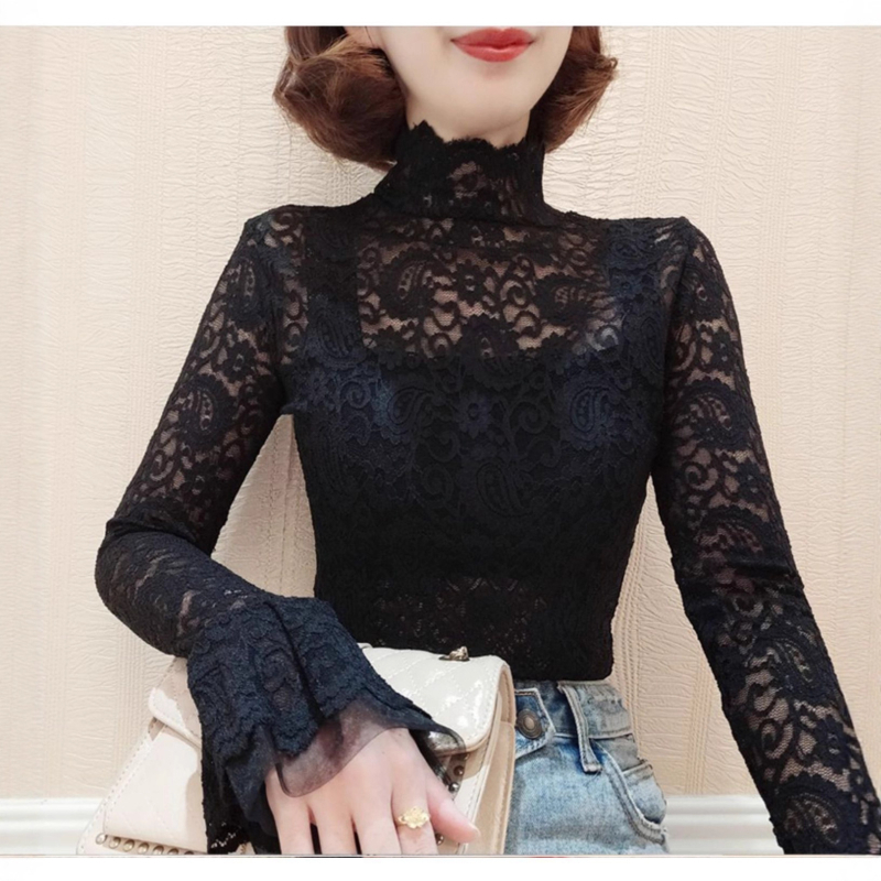 Čipkové sieťové top s dlhými rukávmi a nafúknutými rukávmi, polovičný golier, kvetinový vzor, úzky strih, 95% nylon