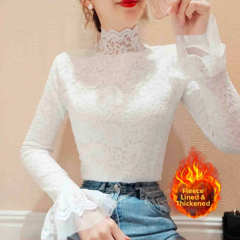 Čipkové sieťové top s dlhými rukávmi a nafúknutými rukávmi, polovičný golier, kvetinový vzor, úzky strih, 95% nylon