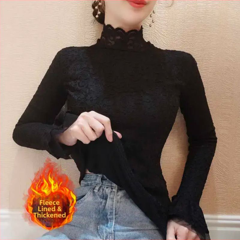 Čipkové sieťové top s dlhými rukávmi a nafúknutými rukávmi, polovičný golier, kvetinový vzor, úzky strih, 95% nylon