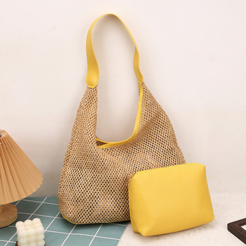 Geantă de paie croită manual pentru femei, mare, stil găleată, deschidere deschisă, căptușeală din piele sintetică, Primăvara 2025