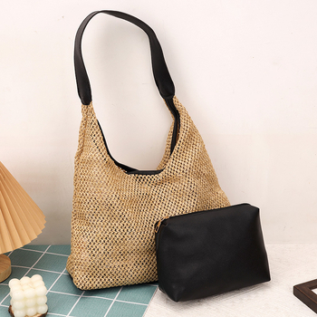 Geantă de paie croită manual pentru femei, mare, stil găleată, deschidere deschisă, căptușeală din piele sintetică, Primăvara 2025