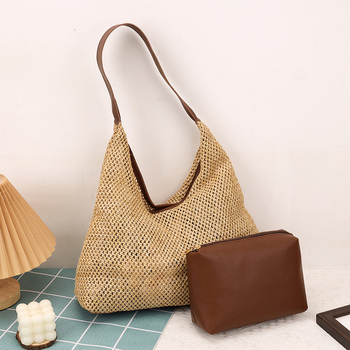 Geantă de paie croită manual pentru femei, mare, stil găleată, deschidere deschisă, căptușeală din piele sintetică, Primăvara 2025