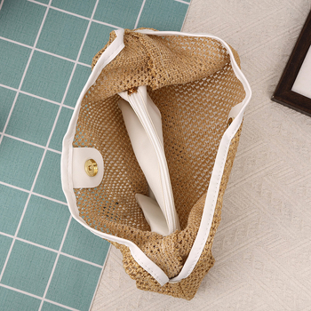 Geantă de paie croită manual pentru femei, mare, stil găleată, deschidere deschisă, căptușeală din piele sintetică, Primăvara 2025