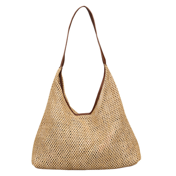 Geantă de paie croită manual pentru femei, mare, stil găleată, deschidere deschisă, căptușeală din piele sintetică, Primăvara 2025