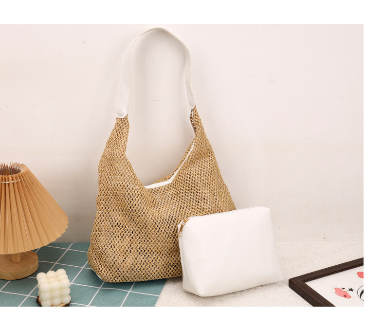 Geantă de paie croită manual pentru femei, mare, stil găleată, deschidere deschisă, căptușeală din piele sintetică, Primăvara 2025