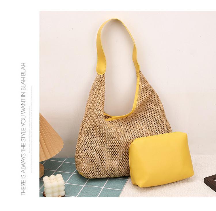 Geantă de paie croită manual pentru femei, mare, stil găleată, deschidere deschisă, căptușeală din piele sintetică, Primăvara 2025