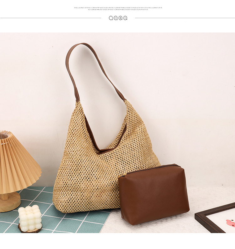 Geantă de paie croită manual pentru femei, mare, stil găleată, deschidere deschisă, căptușeală din piele sintetică, Primăvara 2025