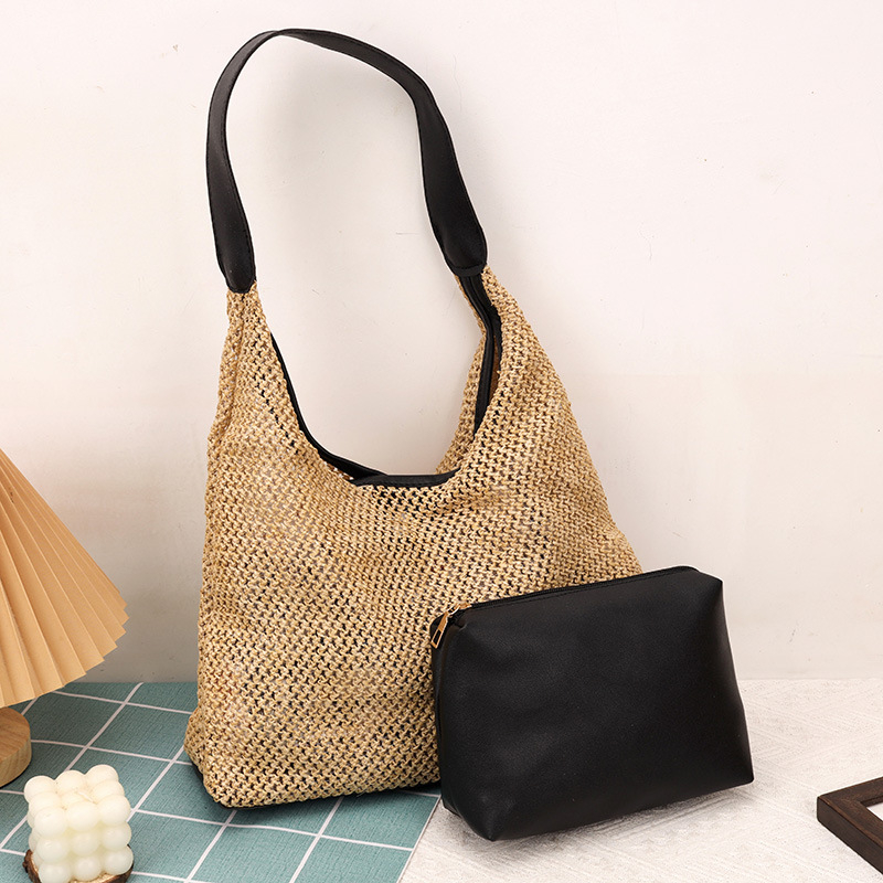 Geantă de paie croită manual pentru femei, mare, stil găleată, deschidere deschisă, căptușeală din piele sintetică, Primăvara 2025
