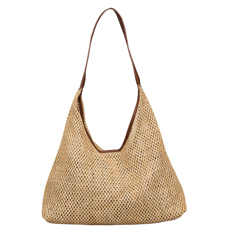 Geantă de paie croită manual pentru femei, mare, stil găleată, deschidere deschisă, căptușeală din piele sintetică, Primăvara 2025