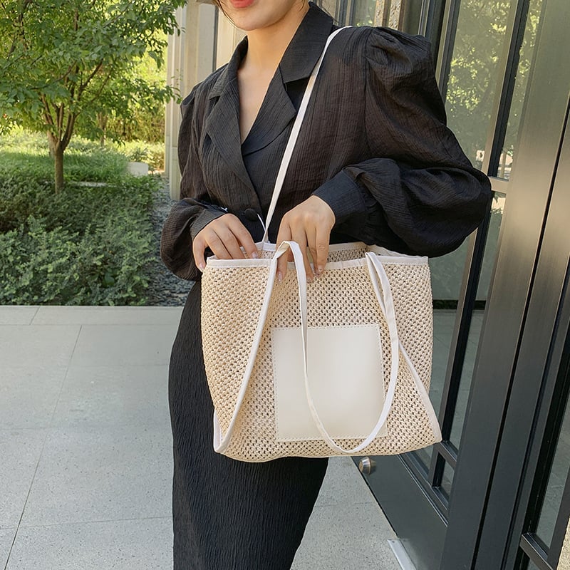 Geantă de damă din pai, cu capacitate mare – stil street fashion, închidere magnetică, buzunare interne pentru telefon și card de identitate