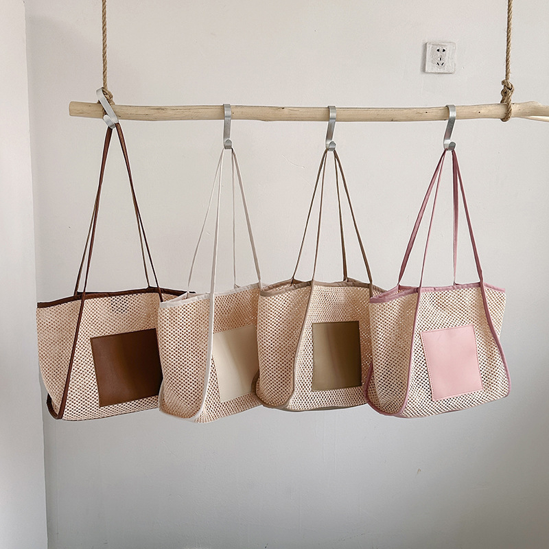 Geantă de damă din pai, cu capacitate mare – stil street fashion, închidere magnetică, buzunare interne pentru telefon și card de identitate