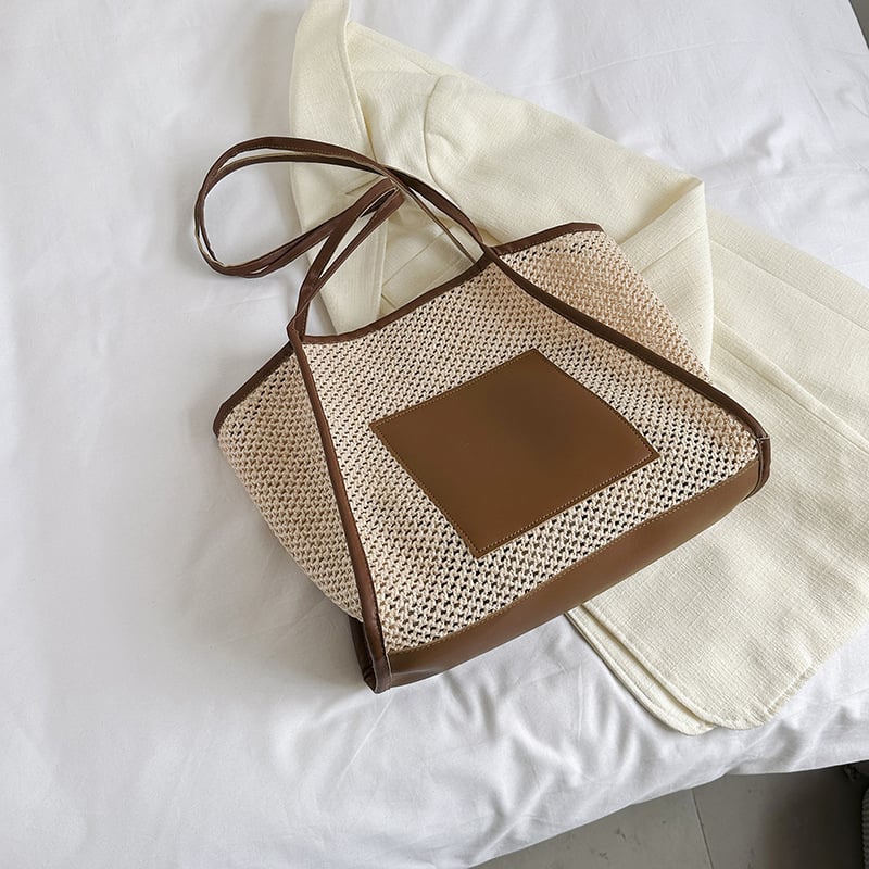 Geantă de damă din pai, cu capacitate mare – stil street fashion, închidere magnetică, buzunare interne pentru telefon și card de identitate