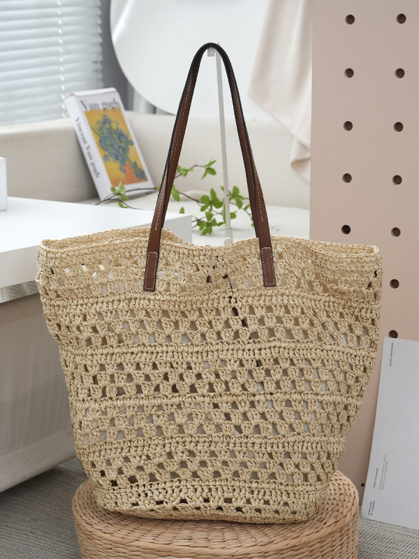 Torba tote od slame, minimalistički gradski stil, otvoreni vrh, vodoravni četverokutni oblik, dvostruke naramenice, ljeto 2025