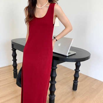 Rochie de maternitate fără mâneci, guler în formă de U, lungă peste genunchi, croi lejer, fibre acrilice până la 30%