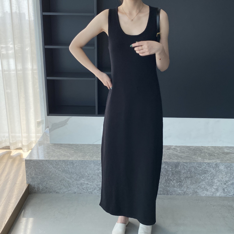 Rochie de maternitate fără mâneci, guler în formă de U, lungă peste genunchi, croi lejer, fibre acrilice până la 30%