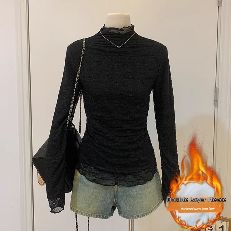 Top z chenille s fleecovou podšívkou, poloturtleneck, princezné rukávy, jednofarebný