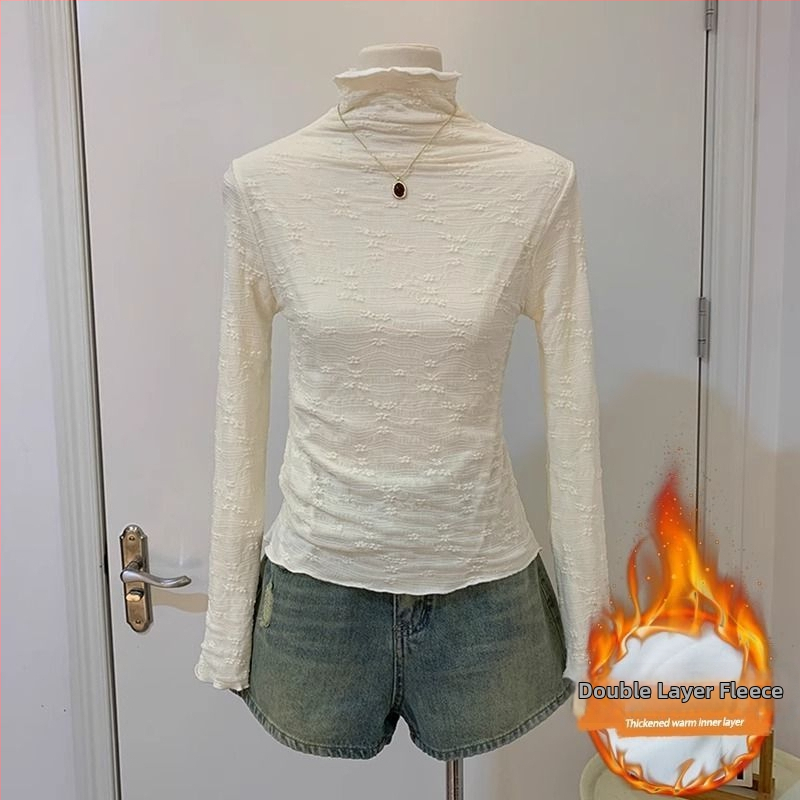 Top z chenille s fleecovou podšívkou, poloturtleneck, princezné rukávy, jednofarebný