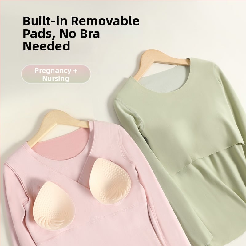 Постпартално облекло за кърмене – есенен комплект пижами за бременни, с подплата за бюста, Derong плюшен плат, основен състав 90–95% полиестер, спандекс <30%, дълги ръкави