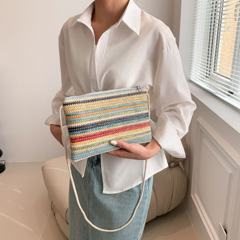 Torba od slame u ulicnom stilu, oblik torbe-pismo, crossbody, horizontalno kvadratna, zatvarač, trodimenzionalni dizajn
