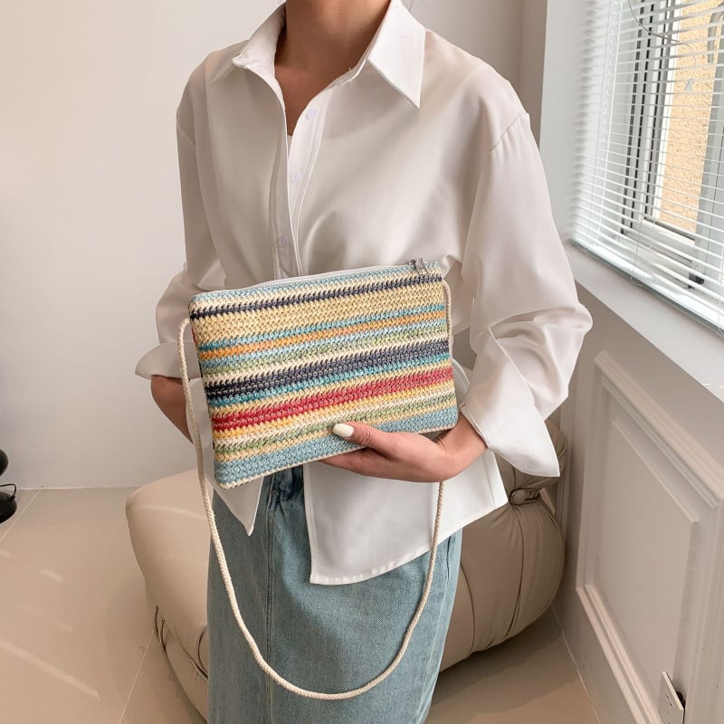 Torba od slame u ulicnom stilu, oblik torbe-pismo, crossbody, horizontalno kvadratna, zatvarač, trodimenzionalni dizajn