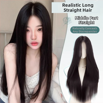 Perucă pentru femei, păr lung drept, stil natural, fire rezistente la căldură, breton cu parte mijlocie, Model 010