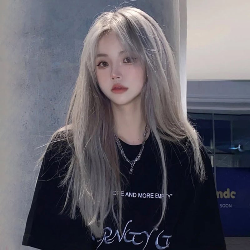 Perucă pentru femei, păr lung drept, stil natural, fire rezistente la căldură, breton cu parte mijlocie, Model 010