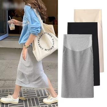 Fustă maternă dreaptă cu guler tip lotus, mâneci 3/4, 95% bumbac, lungime medie, culoare solidă