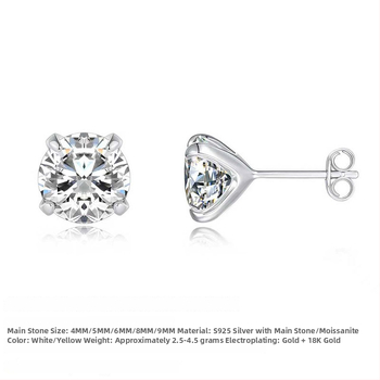 Обеци с моисанит, унисекс, S925 стерлингово сребро, осем сърца и осем стрелки, четиризъбово закрепване