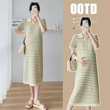 Rochie de maternitate cu guler polo, tricotată, fustă lungă cu panouri, pentru alăptare, mâneci 3/4