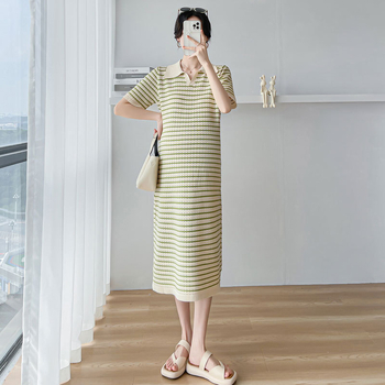 Rochie de maternitate cu guler polo, tricotată, fustă lungă cu panouri, pentru alăptare, mâneci 3/4