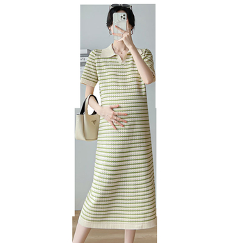 Rochie de maternitate cu guler polo, tricotată, fustă lungă cu panouri, pentru alăptare, mâneci 3/4