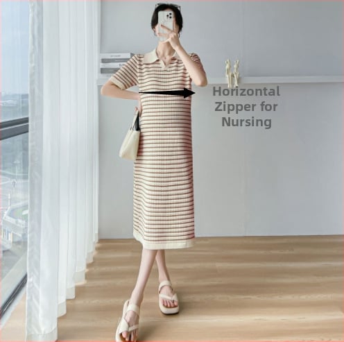 Rochie de maternitate cu guler polo, tricotată, fustă lungă cu panouri, pentru alăptare, mâneci 3/4