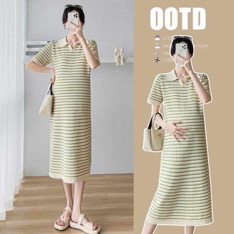 Rochie de maternitate cu guler polo, tricotată, fustă lungă cu panouri, pentru alăptare, mâneci 3/4