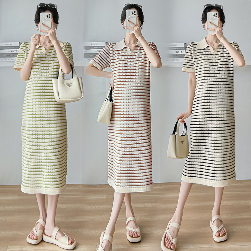 Rochie de maternitate cu guler polo, tricotată, fustă lungă cu panouri, pentru alăptare, mâneci 3/4