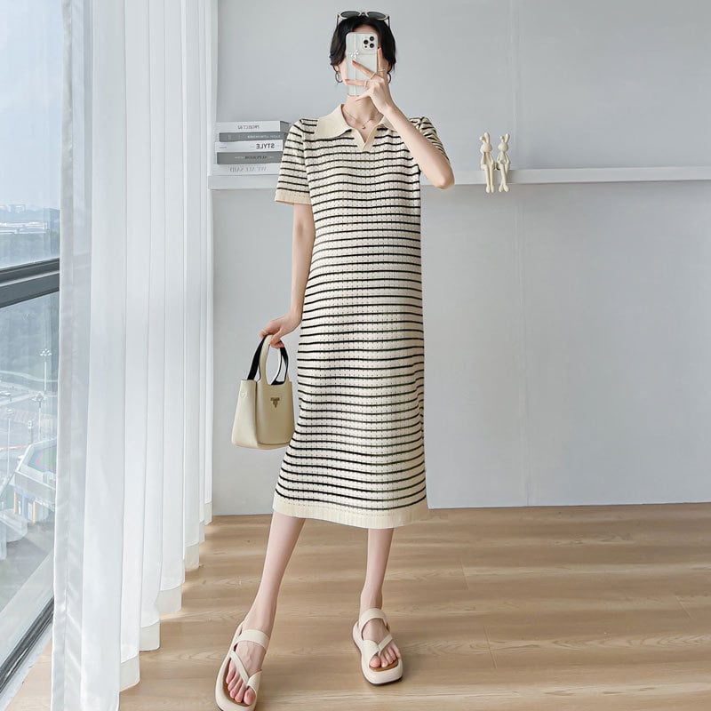 Rochie de maternitate cu guler polo, tricotată, fustă lungă cu panouri, pentru alăptare, mâneci 3/4