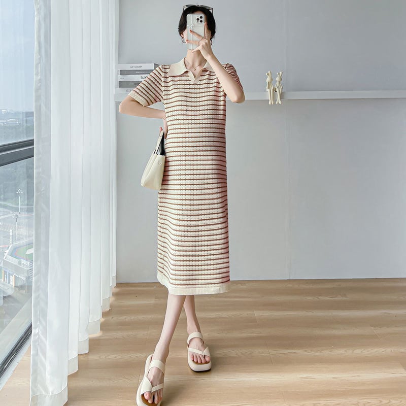 Rochie de maternitate cu guler polo, tricotată, fustă lungă cu panouri, pentru alăptare, mâneci 3/4