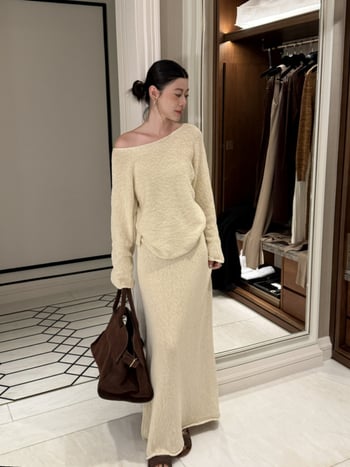 Σετ γυναικείου πλεκτού πουλόβερ από βαμβάκι με φούστα Α-γραμμής, μακρύ μανίκι, φθινοπωρινό 2025, στυλ Ιαπωνο-Κορεατικό χαλαρωτικό, casual σύνολο