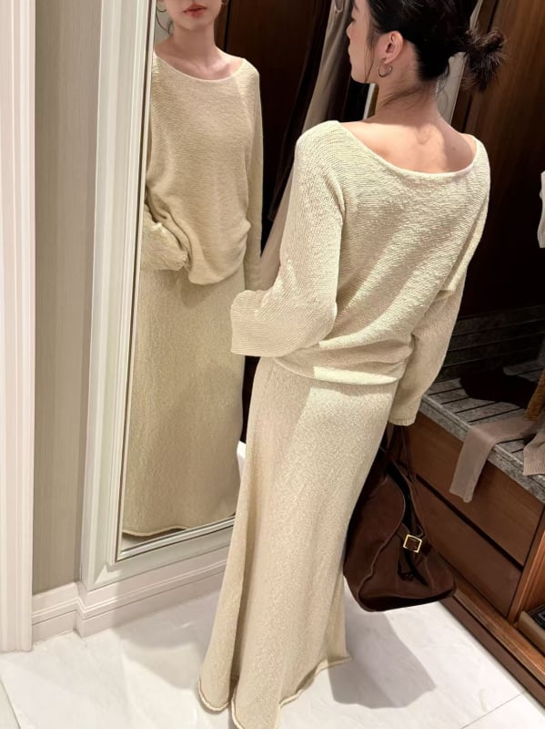 Σετ γυναικείου πλεκτού πουλόβερ από βαμβάκι με φούστα Α-γραμμής, μακρύ μανίκι, φθινοπωρινό 2025, στυλ Ιαπωνο-Κορεατικό χαλαρωτικό, casual σύνολο
