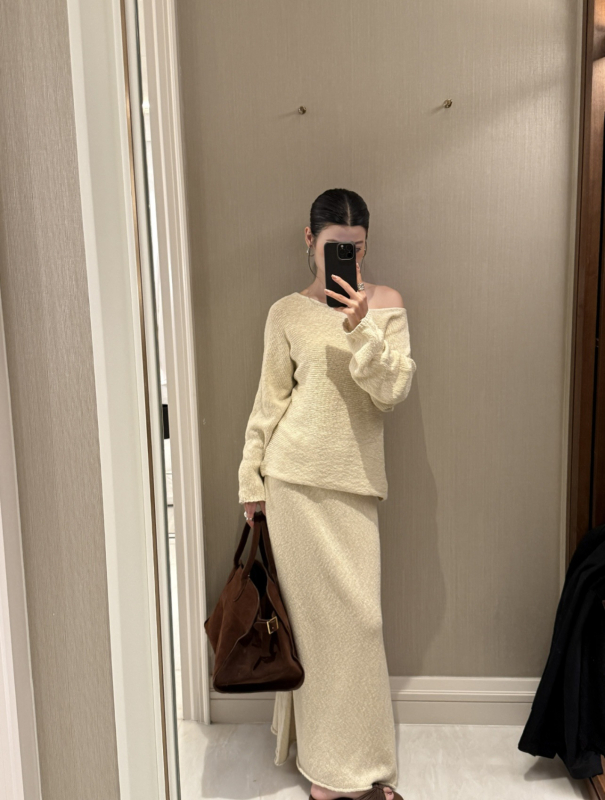 Σετ γυναικείου πλεκτού πουλόβερ από βαμβάκι με φούστα Α-γραμμής, μακρύ μανίκι, φθινοπωρινό 2025, στυλ Ιαπωνο-Κορεατικό χαλαρωτικό, casual σύνολο