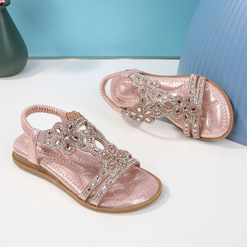Dječje sandale s otvorenim prstima - princes stil, rhinestones u obliku cvijeta, gornji dio od kože od mikrovlakana, elastična traka, potplat PE