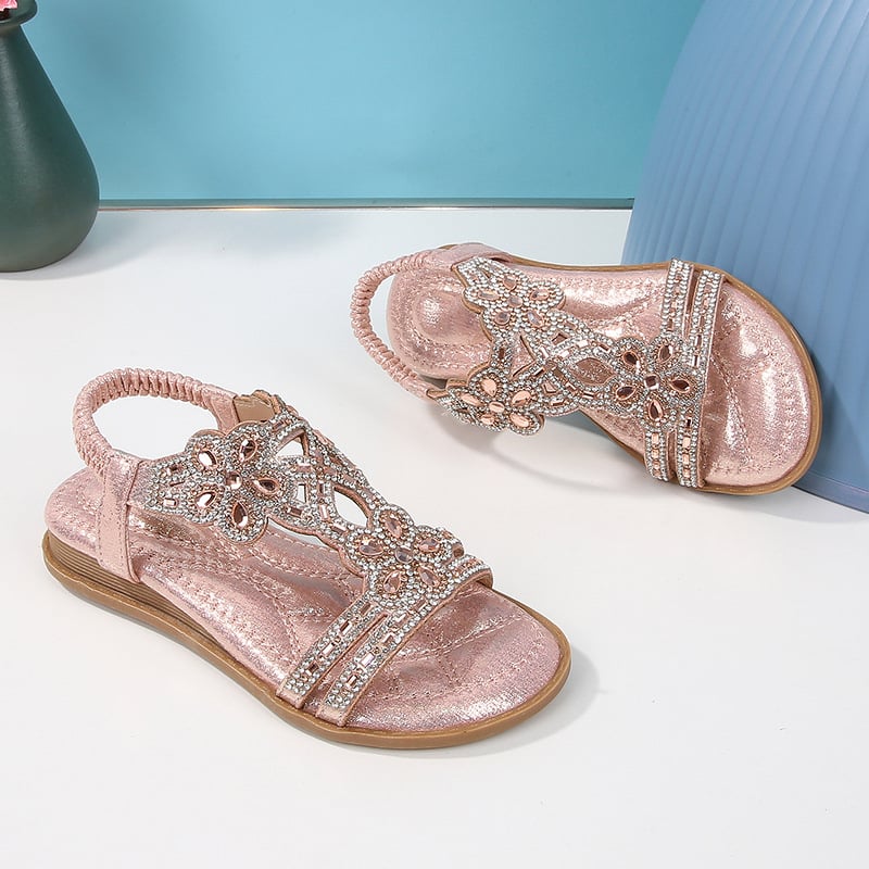 Dječje sandale s otvorenim prstima - princes stil, rhinestones u obliku cvijeta, gornji dio od kože od mikrovlakana, elastična traka, potplat PE