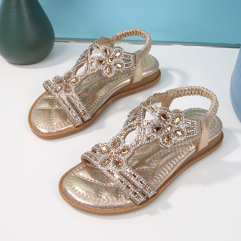 Dječje sandale s otvorenim prstima - princes stil, rhinestones u obliku cvijeta, gornji dio od kože od mikrovlakana, elastična traka, potplat PE