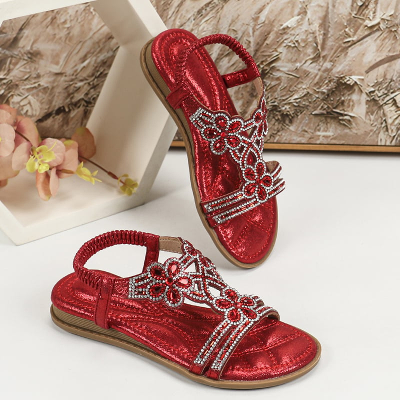 Dječje sandale s otvorenim prstima - princes stil, rhinestones u obliku cvijeta, gornji dio od kože od mikrovlakana, elastična traka, potplat PE