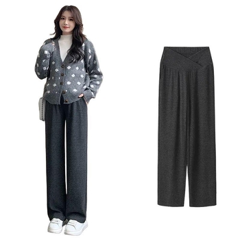 Παντελόνι εγκυμοσύνης με στήριξη κοιλιάς, ύφασμα Chenille, φαρδιά γραμμή, άνετο στυλ lounge, με μείγμα σπαντέξ