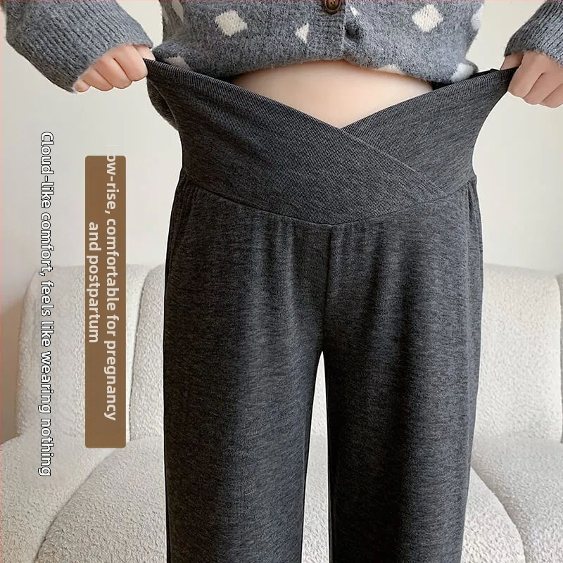 Tehotenské nohavice s oporou brucha, Chenille tkanina, široké nohavice, voľný strih, zmiešané so spandexom